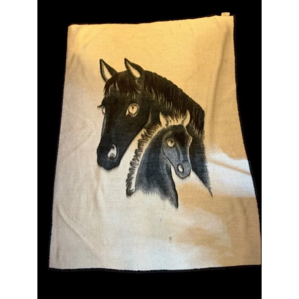 Vtg Biederlack Brown Horse Foal Thick Reversible Heavy Blanket Cotton Blend USA